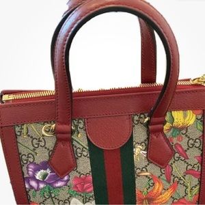 GUCCI CROSSBODY OPHIDIA BURNT RED FLORAL DETACHABLE STRAP LEATHER HANDBAG NEW
